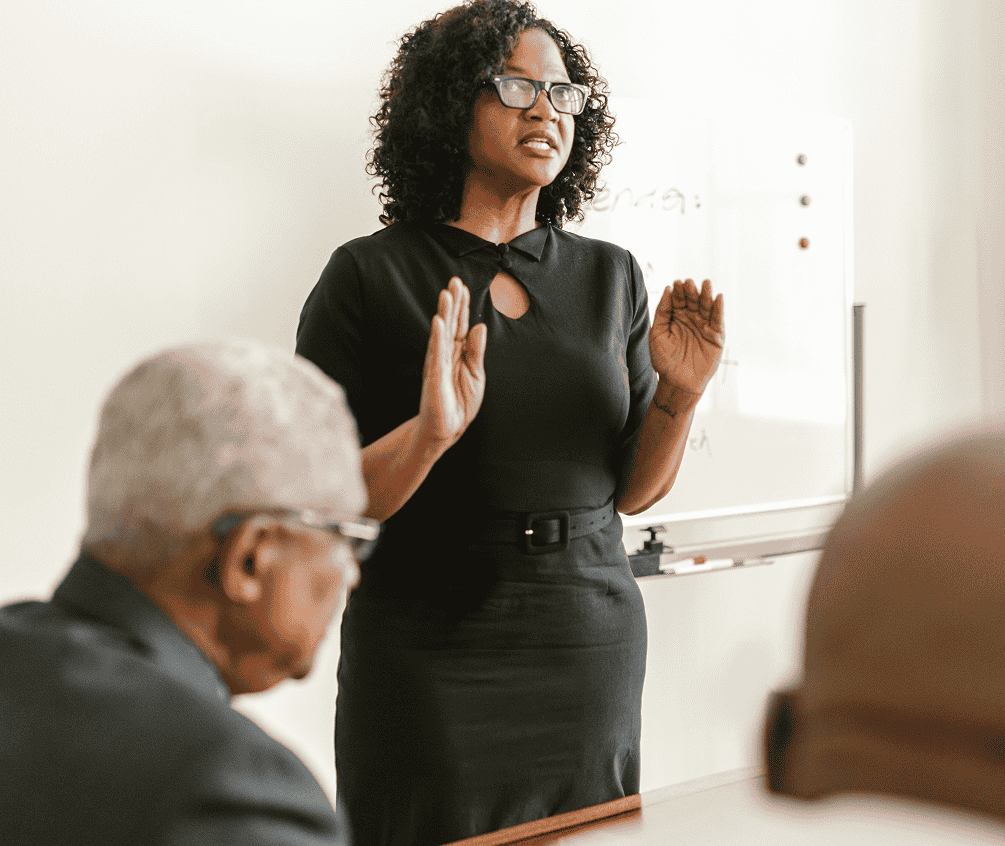 Woman presenting at a values-based leadership session